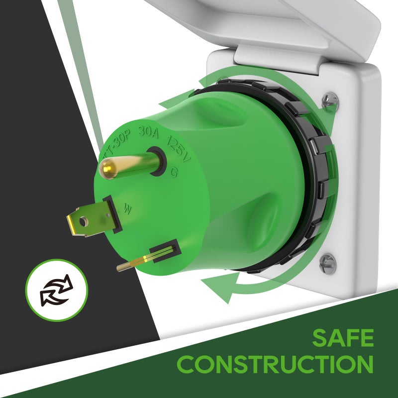 RVGUARD 30 Amp to 30 Amp RV Adapter Plug with Locking Connector, NEMA TT-30P to NEMA L5-30R Electrical Power Adapter, Green - Image 4